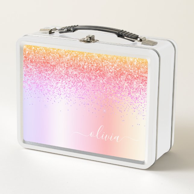 Rainbow Pastel Girly Glitter Metal Monogram Name Lunch Box (Front)