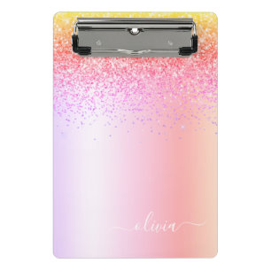 Rainbow Pastel Girly Glitter Metal Monogram Name Mini Clipboard