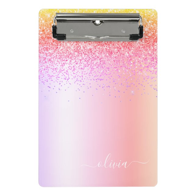 Rainbow Pastel Girly Glitter Metal Monogram Name Mini Clipboard (Front)
