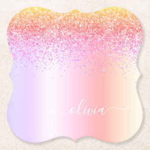 Rainbow Pastel Girly Glitter Metal Monogram Name Paper Coaster