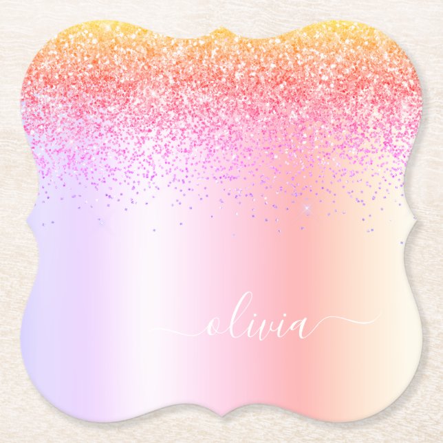 Rainbow Pastel Girly Glitter Metal Monogram Name Paper Coaster (Front)