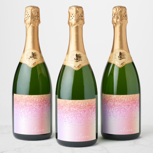 Rainbow Pastel Girly Glitter Metal Monogram Name Sparkling Wine Label (Bottles)