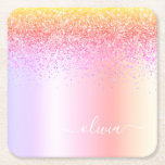 Rainbow Pastel Girly Glitter Metal Monogram Name Square Paper Coaster<br><div class="desc">Rainbow Pastel Faux Foil Metallic Sparkle Glitter Brushed Metal Monogram Name Paper Coasters. This makes the perfect graduation,  birthday,  wedding,  bridal shower,  anniversary,  baby shower or bachelorette party gift for someone that loves glam luxury and chic styles.</div>