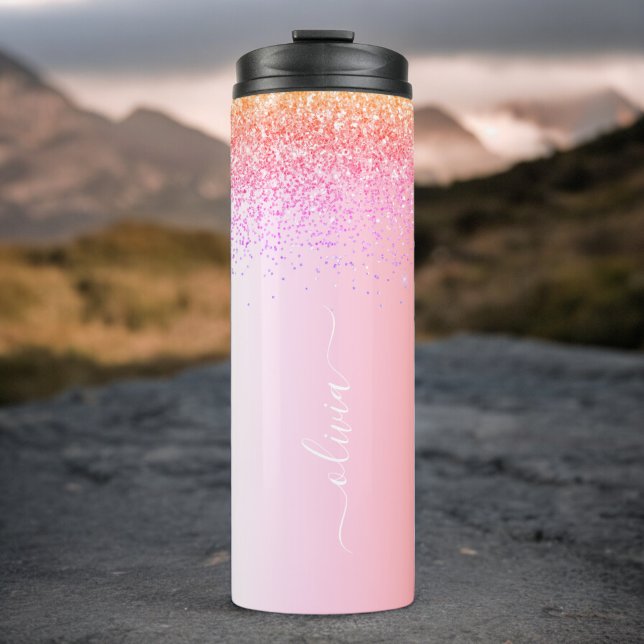Rainbow Pastel Girly Glitter Metal Monogram Name Thermal Tumbler (Creator Uploaded)