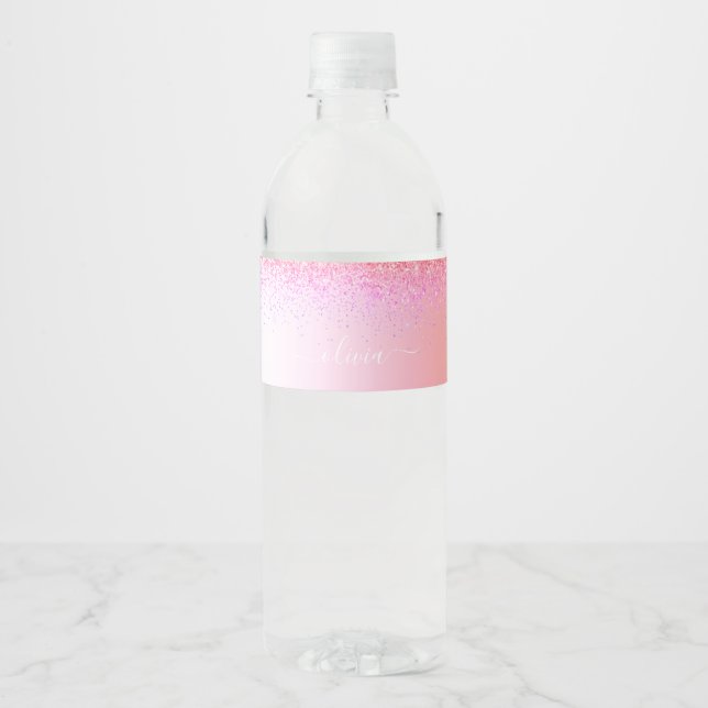 Rainbow Pastel Girly Glitter Metal Monogram Name Water Bottle Label (Front)