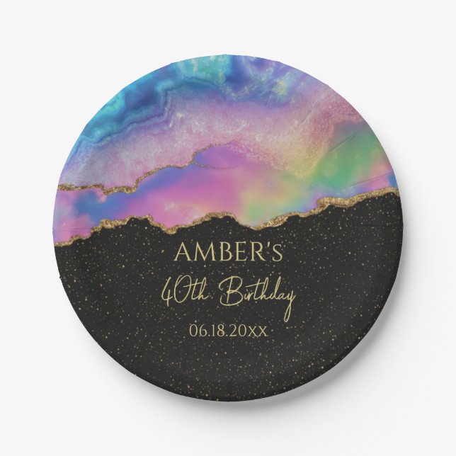 Rainbow Pastel Gold Glitter Abstract Watercolor  Paper Plate (Front)