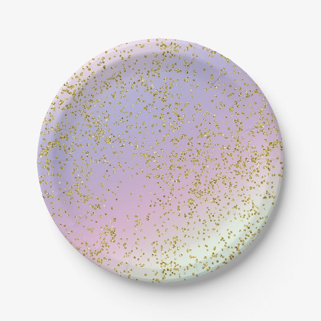 Rainbow Pastel Gold Glitter Fantasy Birthday Party Paper Plate (Front)