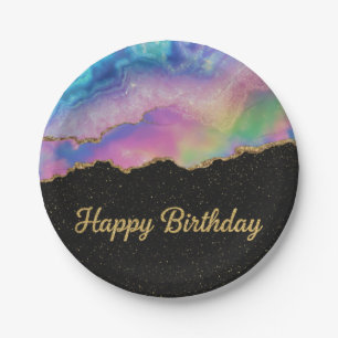 Rainbow Pastel Gold Glitter Happy Birthday Paper Plate
