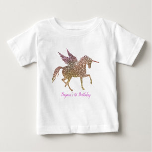 Rainbow Pastel Gold Glitter Unicorn 1st Birthday Baby T-Shirt