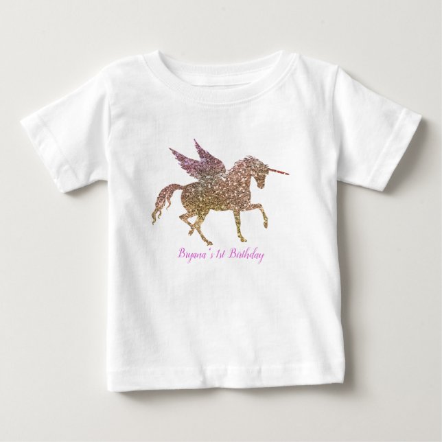 Rainbow Pastel Gold Glitter Unicorn 1st Birthday Baby T-Shirt (Front)