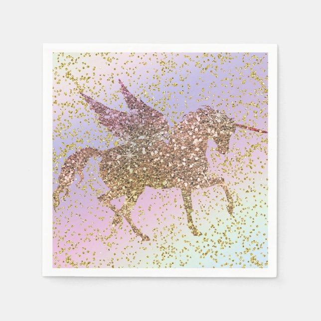 Rainbow Pastel Gold Glitter Unicorn Birthday Party Napkin (Front)