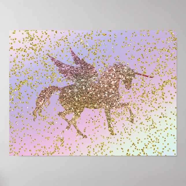 Rainbow Pastel Gold Glitter Unicorn Pegasus Horse Poster (Front)
