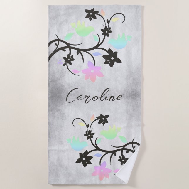 Rainbow Pastel Lovebirds Personalised Beach Towel (Front)