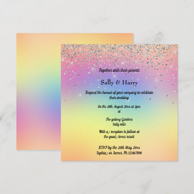 Rainbow Pastel Sparkle Diamond Wedding Invitation (Front/Back)