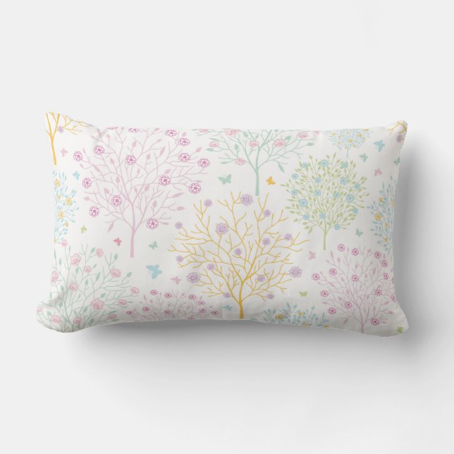 Rainbow Pastel Trees Hand Drawn Doodle Print Lumbar Cushion (Front)