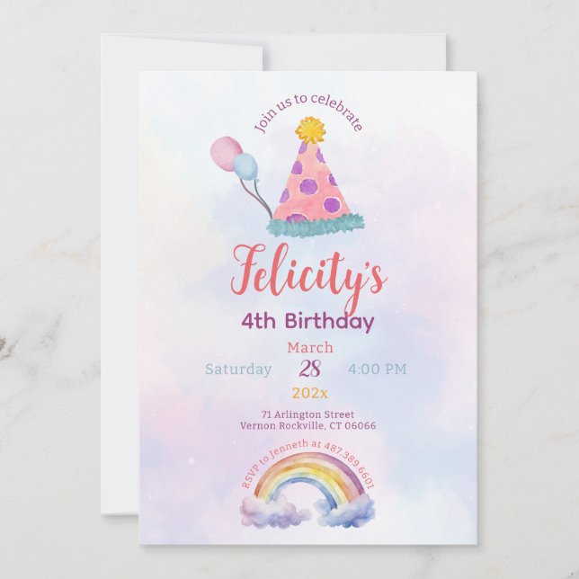 Rainbow Pastel Unicorn Any Age Birthday  Invitation (Front)