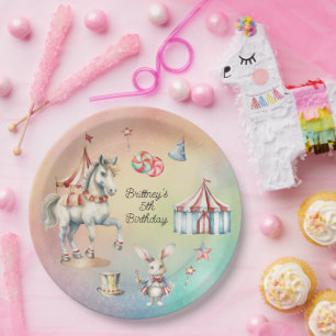 Rainbow Pastel w Animals 5th Birthday Party Paper Plate
