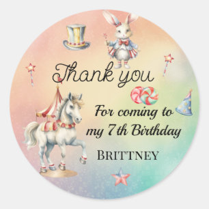 Rainbow Pastel w Animals 7th Birthday Party Classic Round Sticker