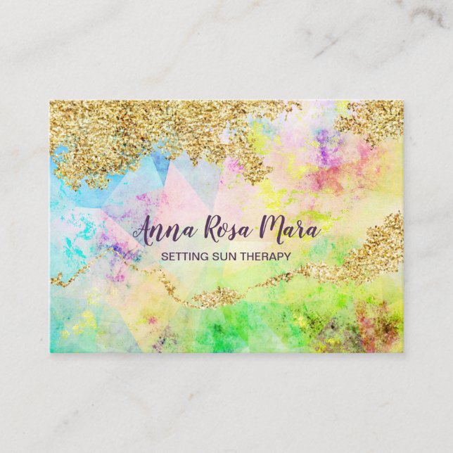 *~* Rainbow Pastel Watercolors + Gold Glitter QR Business Card (Front)
