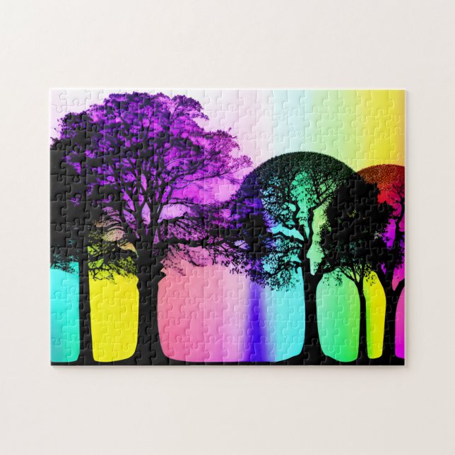 Rainbow Pastels Among Black Tree Silhouettes Jigsaw Puzzle (Horizontal)