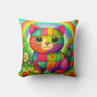 Rainbow Patchwork Whimsical Colourful Kitty