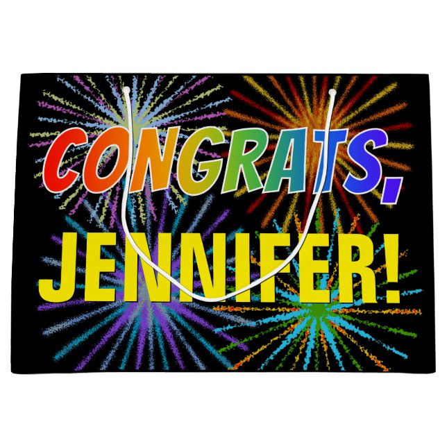 Rainbow Pattern "CONGRATS", Custom Name, Fireworks Large Gift Bag (Front)