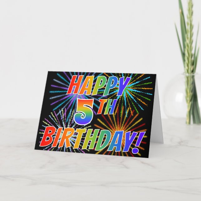 Rainbow Pattern "HAPPY 5TH BIRTHDAY!" + Fireworks Card (Front)