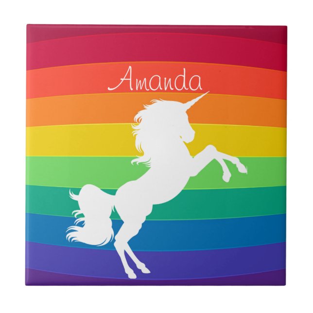 Rainbow Pattern White Unicorn Personalised Custom Tile (Front)