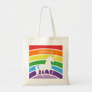 Rainbow Pattern White Unicorn Personalised Kids Tote Bag