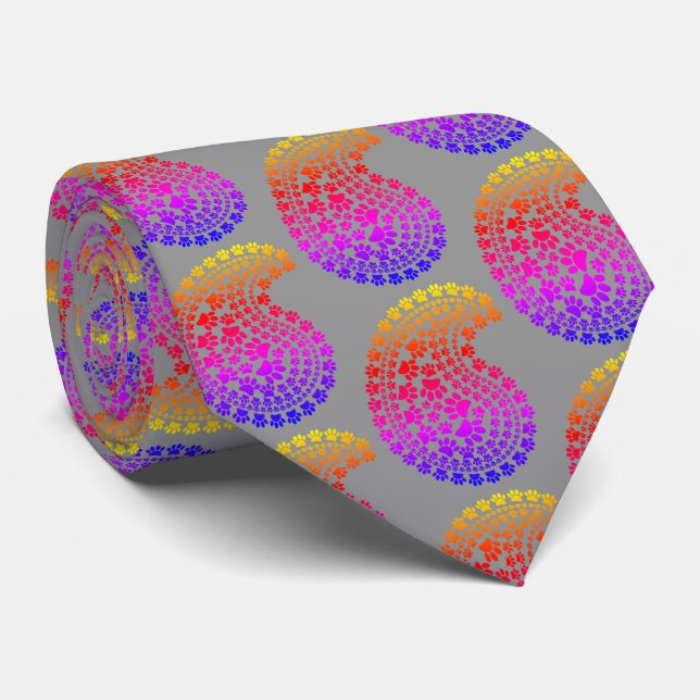 Rainbow Paw Print Paisley Pattern Light Grey Tie (Rolled)