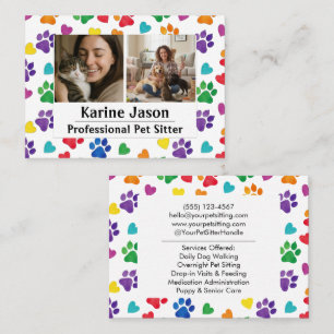 Rainbow Paw Prints  Hearts Customizable Pet Sitter Business Card