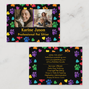 Rainbow Paw Prints Hearts Customizable Pet Sitter Business Card