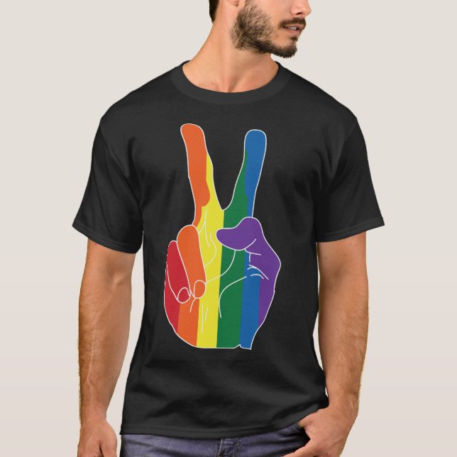 Rainbow Peace Hand, LGBT Gay Pride Month T-Shirt (Front)
