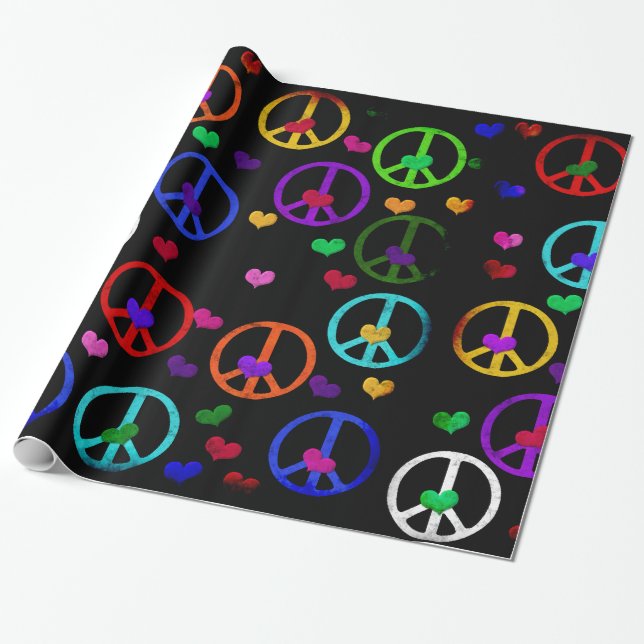 Rainbow Peace Hearts Wrapping Paper (Unrolled)