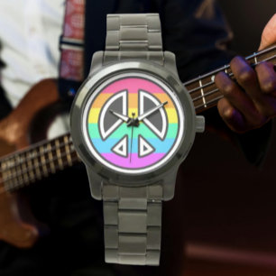 Rainbow Peace Sign Oversized Black Bracelet Watch