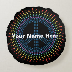 Rainbow Peace Sign Personalised Black Round Cushion
