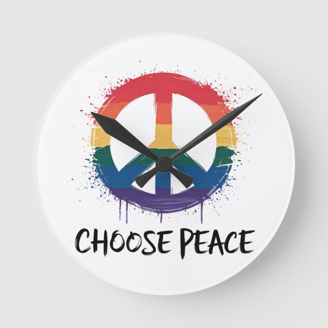 Rainbow Peace Sign with "Choose Peace" Text Round Clock (Front)