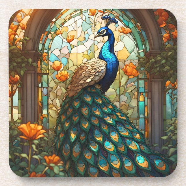 Rainbow Peacock Beverage Coaster Set (Front)