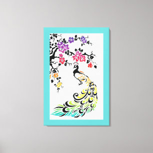 Rainbow peacock & cherry blossoms aqua border canvas print