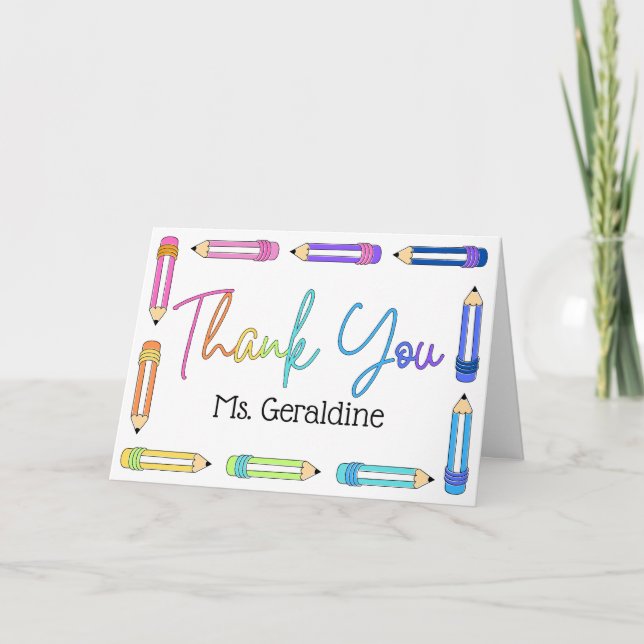 Rainbow Pencil Teacher Thank You Card  (Front)