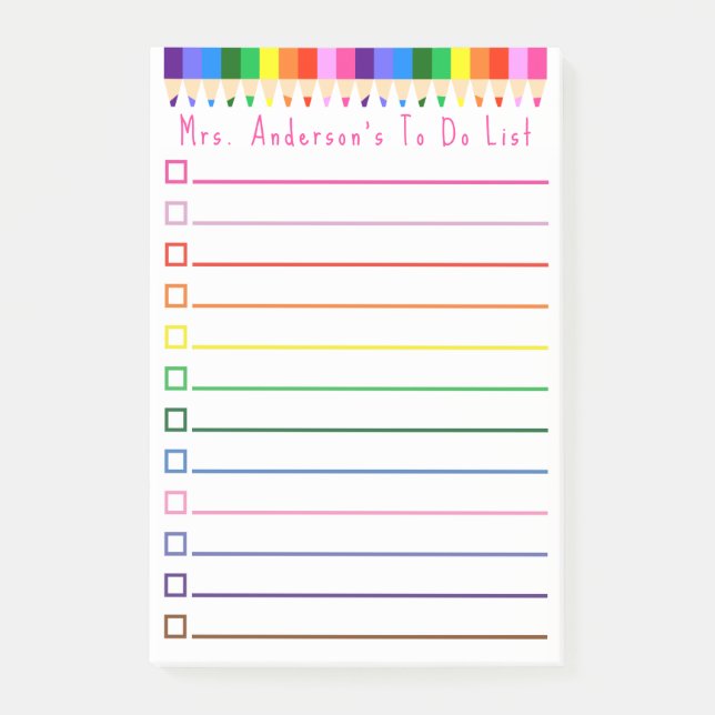 Rainbow Pencil To Do List Personalise Post-it Notes (Front)