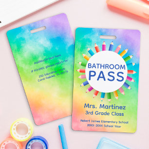 Rainbow Pencils Classroom Bathroom Pass Badge ID Badge