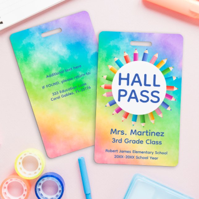 Rainbow Pencils Classroom Hall Pass Badge ID Badge (Creator Uploaded)