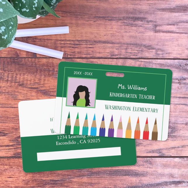 Rainbow Pencils Kindergarten Teacher Green Badge ID Badge (Colored pencils teacher green and white horizontal photo ID badge .)