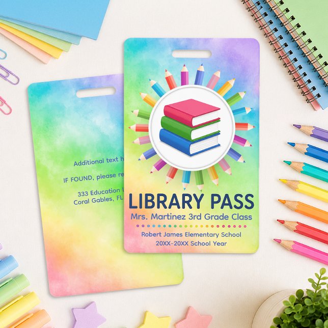 Rainbow Pencils Personalised Library Pass  ID Badge (Library Pass)