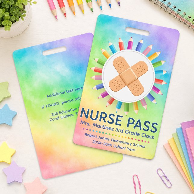 Rainbow Pencils Personalised Nurse Pass Classroom  ID Badge (Classroom Nurse Pass)