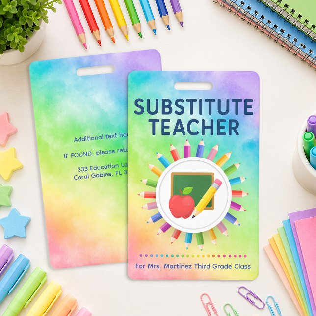 Rainbow Pencils Personalised Substitute Teacher  ID Badge (Substitute Teacher)