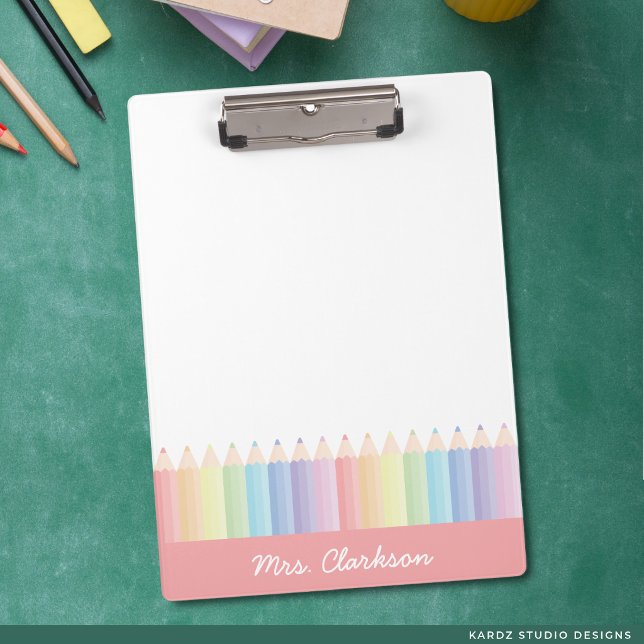 Rainbow Pencils Personalised Teacher Clipboard (Personalize this rainbow colored clipboard with your favorite teacher's name. )