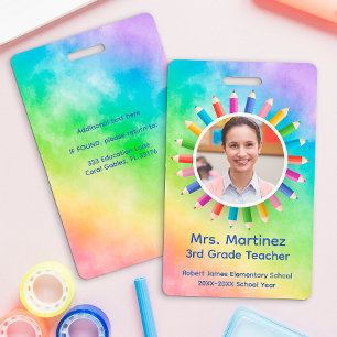 Rainbow Pencils Photo Teacher ID Badge