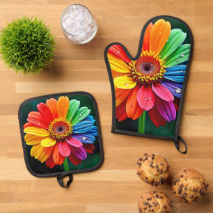 Rainbow Petal Flower Art Oven Mitt & Pot Holder Set